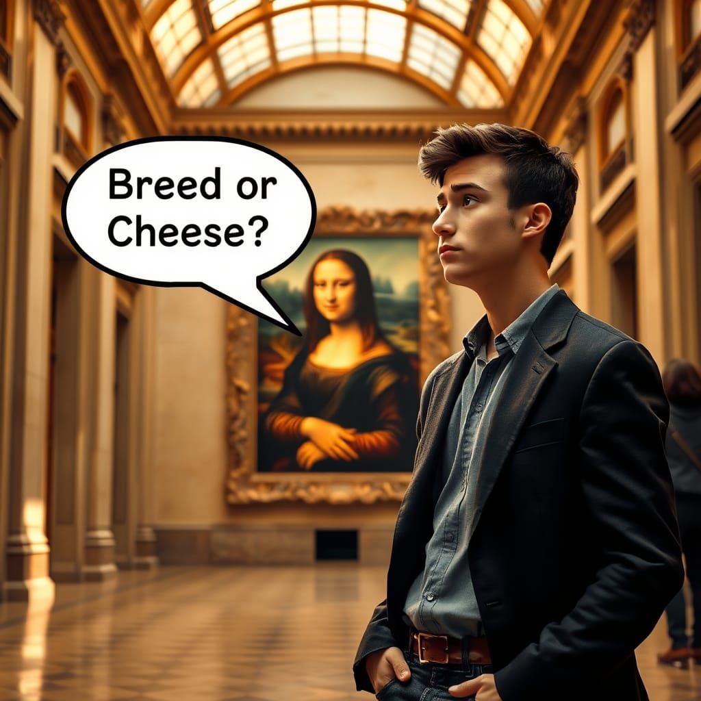 Young Man Contemplates Mona Lisa's Mysterious Smile