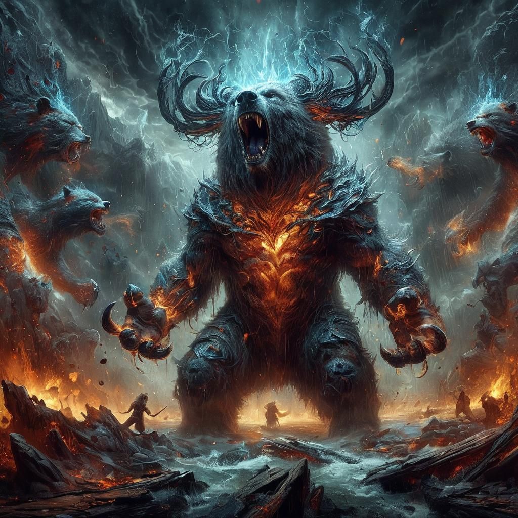 Raging Bear Illuminated in Dark Mythic Realms