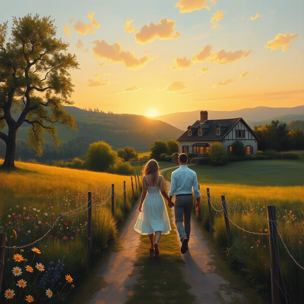 Romantic Countryside Home at Twilight: Impressionist Oil Pai...