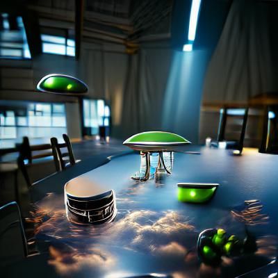 Cyberpunk UFO Table in Neon Lit Environment