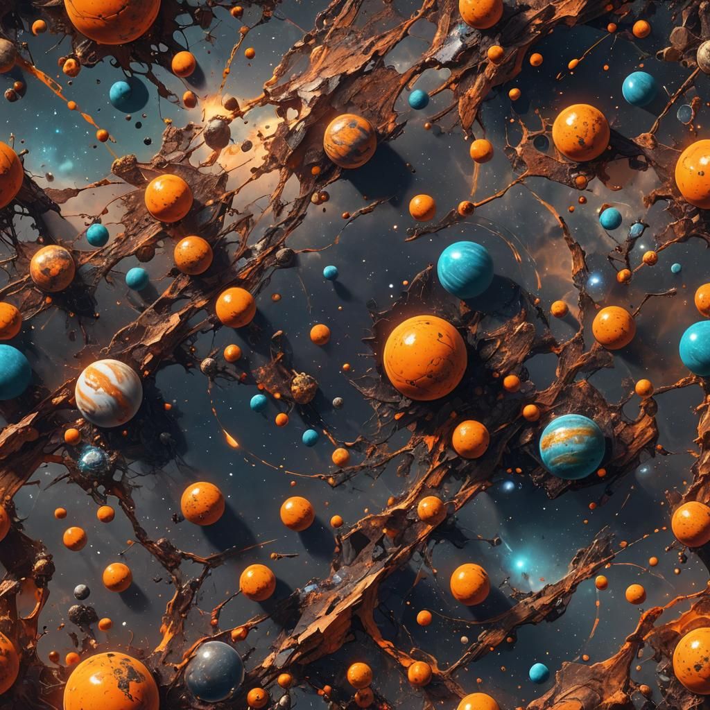Cosmic Renaissance: Orange Galaxy with Shattered Worlds