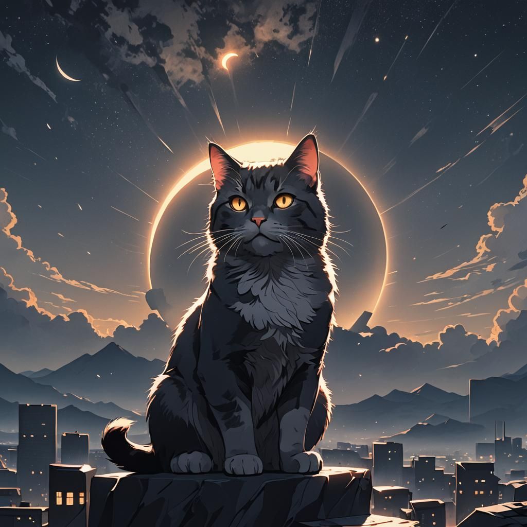 Cat-shaped Solar Eclipse Masterpiece in Anime Style