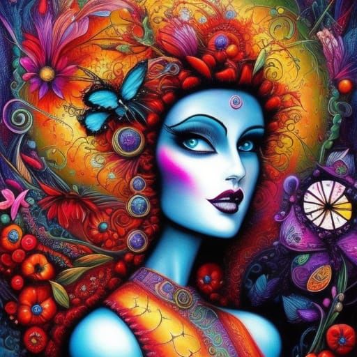 Fantasy Floral Mixed Media Art in Neo-Impressionist Style