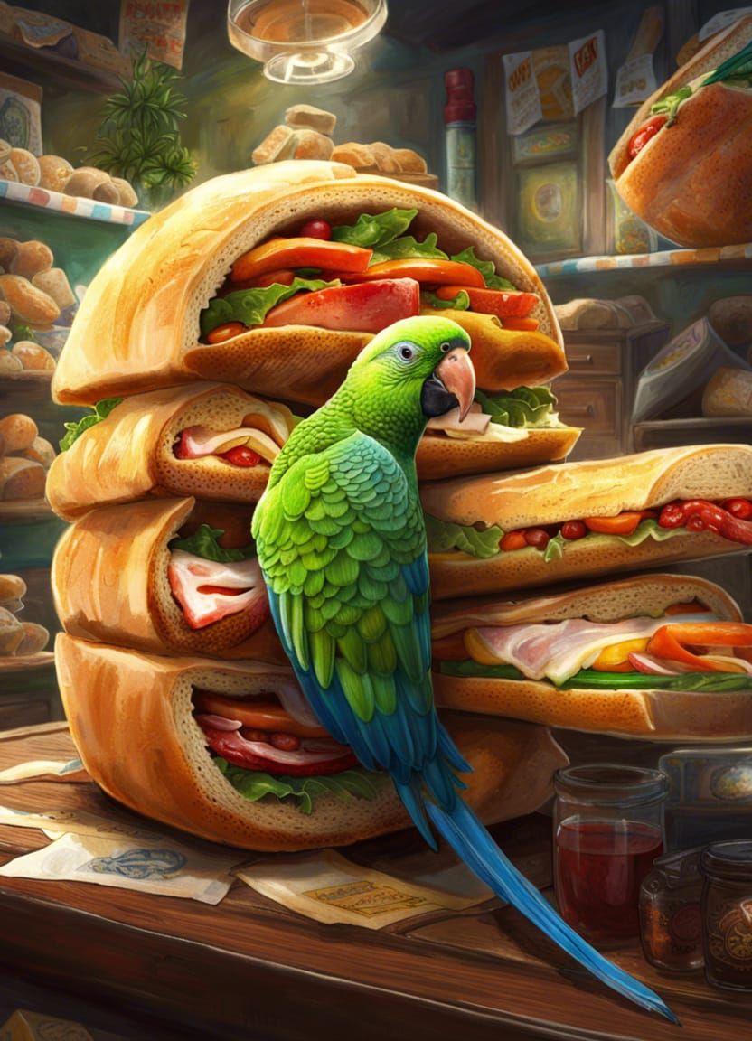 Parakeet Emerging from a Hoagie Roll