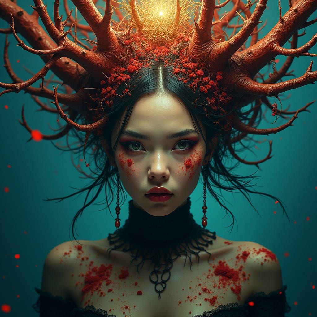 Mystical Woman Enveloped in Twisted, Thorny Aura, in Fantasy...