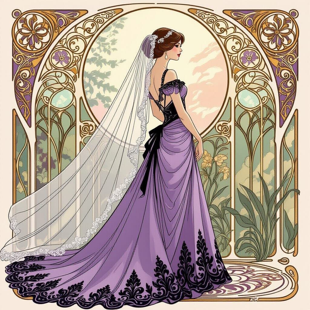 Lilac Wedding Dress with Beaded Appliqués and Veil