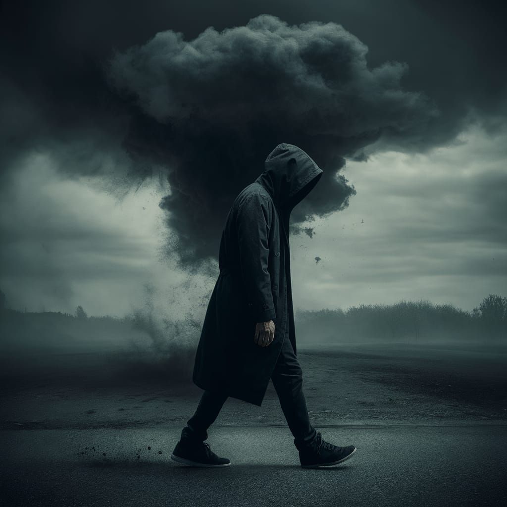 Mysterious Figure Dances with Ominous Storm Cloud in a Deser...