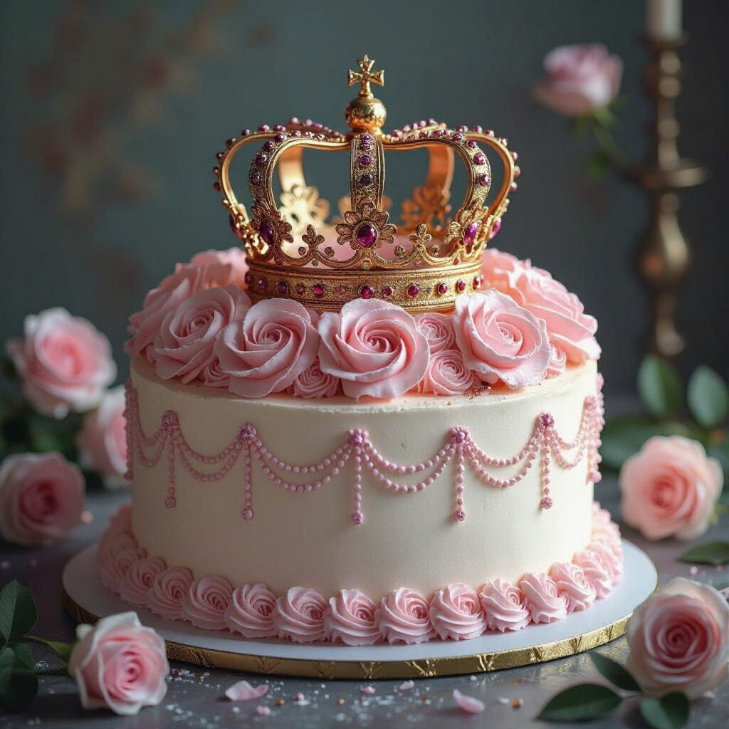 Majestic Crown Cake with Lavish Rose Decorations