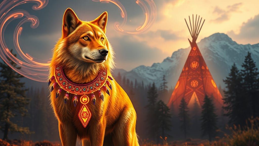 Majestic Gold Wolf in Vibrant Native American Collar amidst....