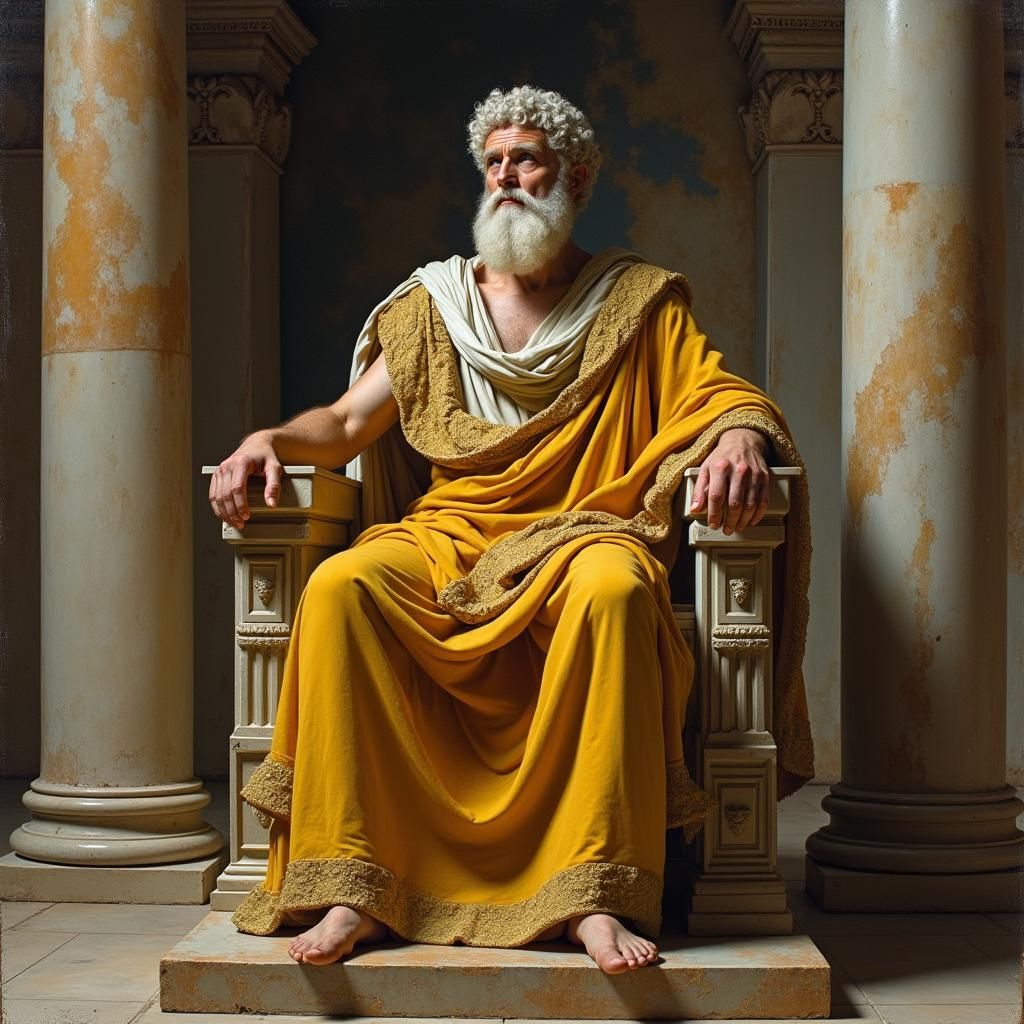 Stoic Philosopher King Seated on Marble Throne in Neoclassic...