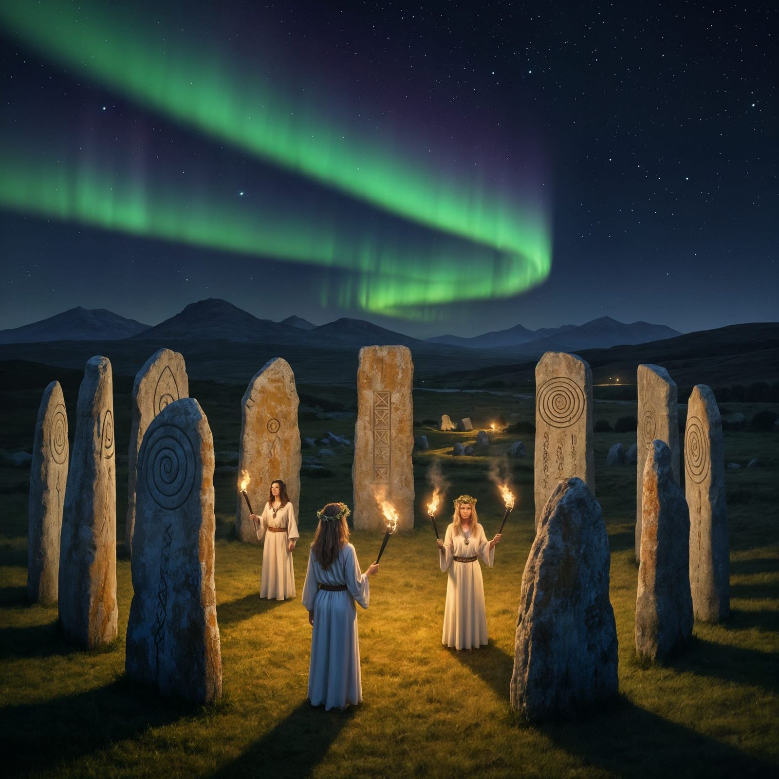 Mysterious Celtic Stone Circle Ritual Under Starry Night