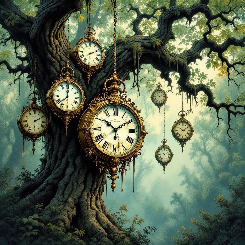 Melting Clocks on Ancient Tree: Surreal Forest Scene