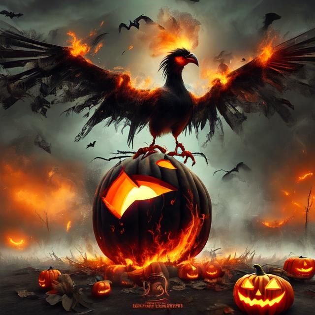 Surreal Pumpkin Bird in Fiery Gothic Dreamscape