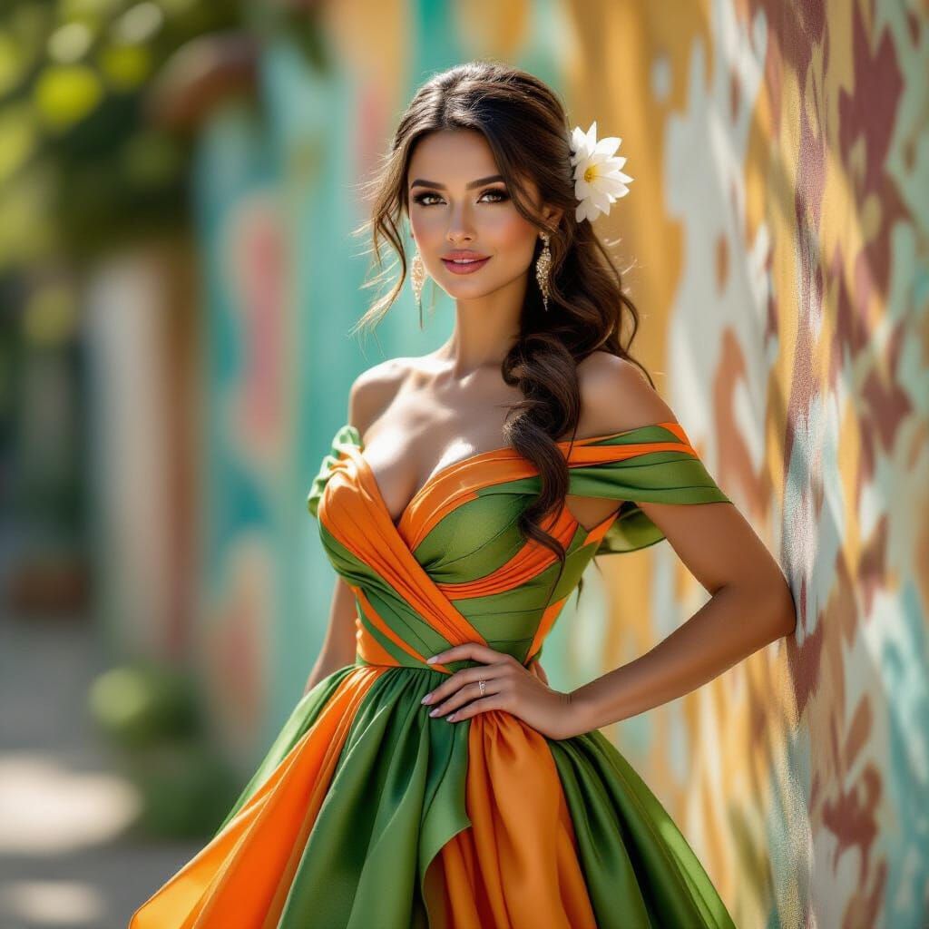 A woman in a vibrant, flowing gown featuring shades of green...