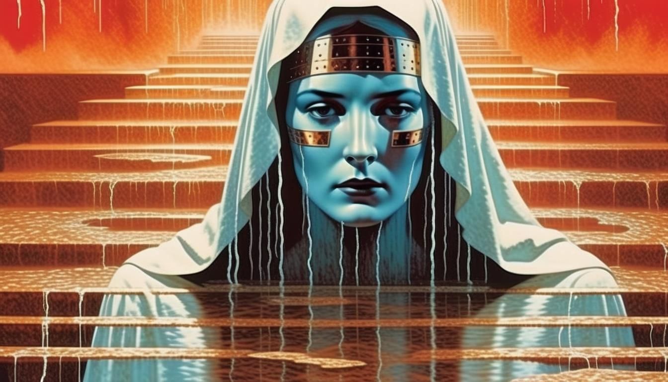 Sleek Chrome Face Amidst Golden Fog