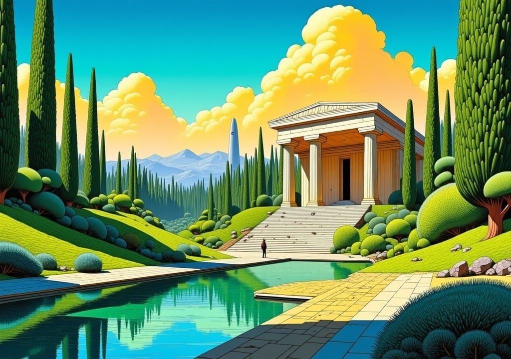 Ethereal Ancient Greek Oasis in Whimsical Art Nouveau Style