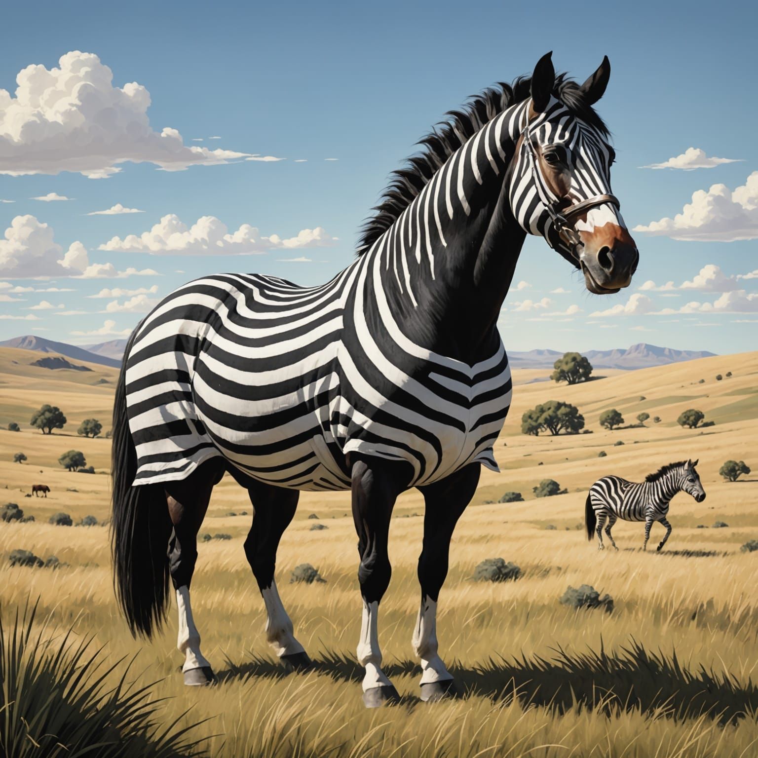 Pixar-Style Horse with Zebra Stripes on Prairie
