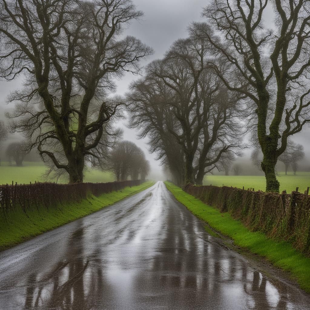 Charming Countryside Lane in the Rain