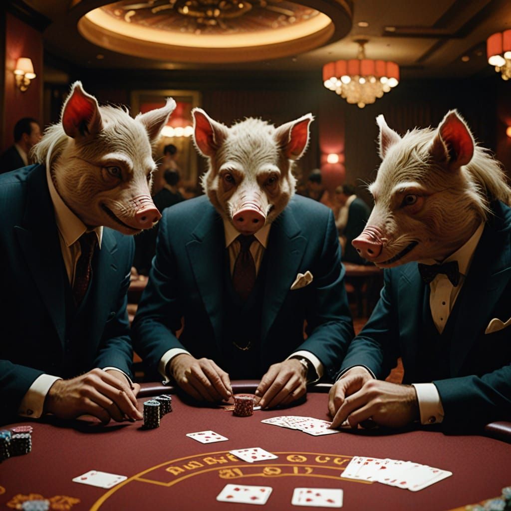 Cinematic Film Still of Three Little Pigs in High-Stakes Bla...