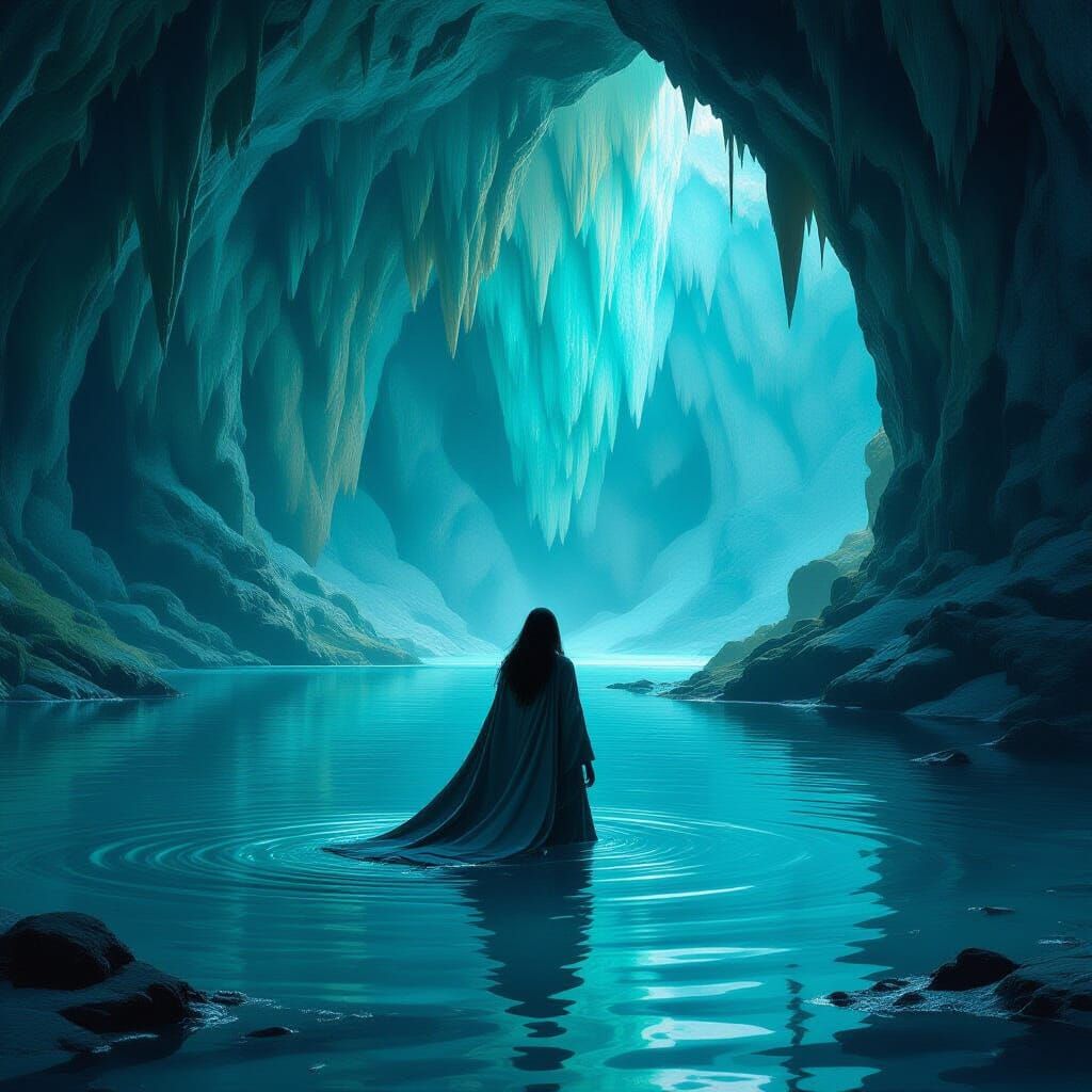 Woman in Cave Lake: Fantasy Matte Painting