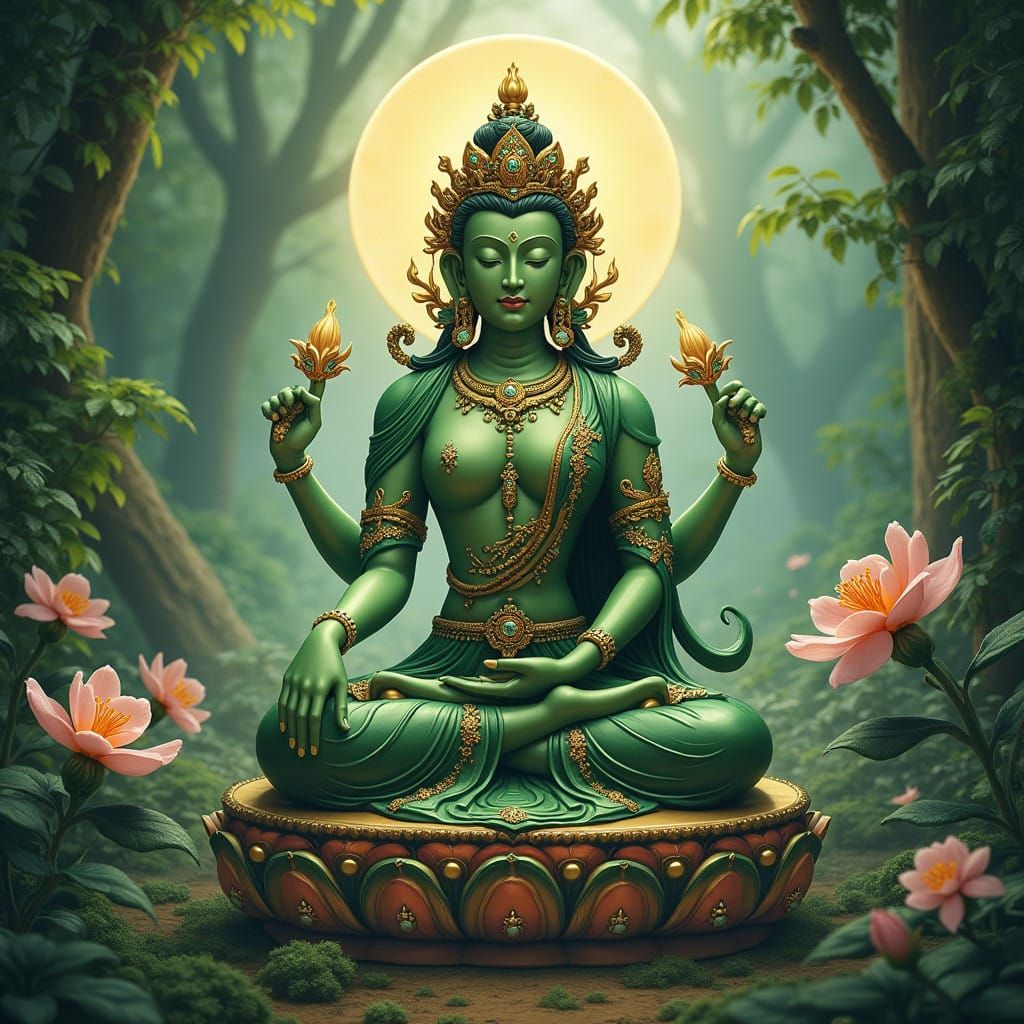 Serene Green Tara Figure in Mystical Forest Glade
