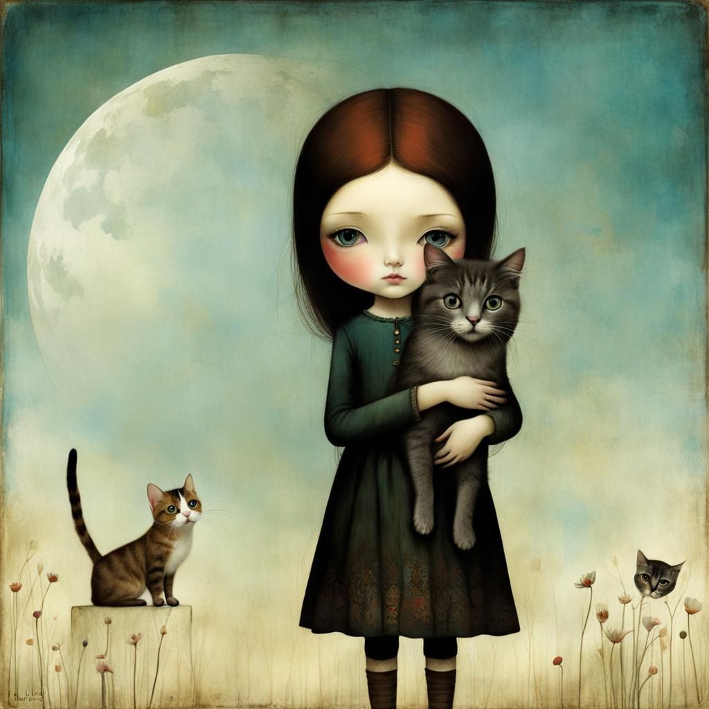 Cute Girl with Cat in Whimsical Art