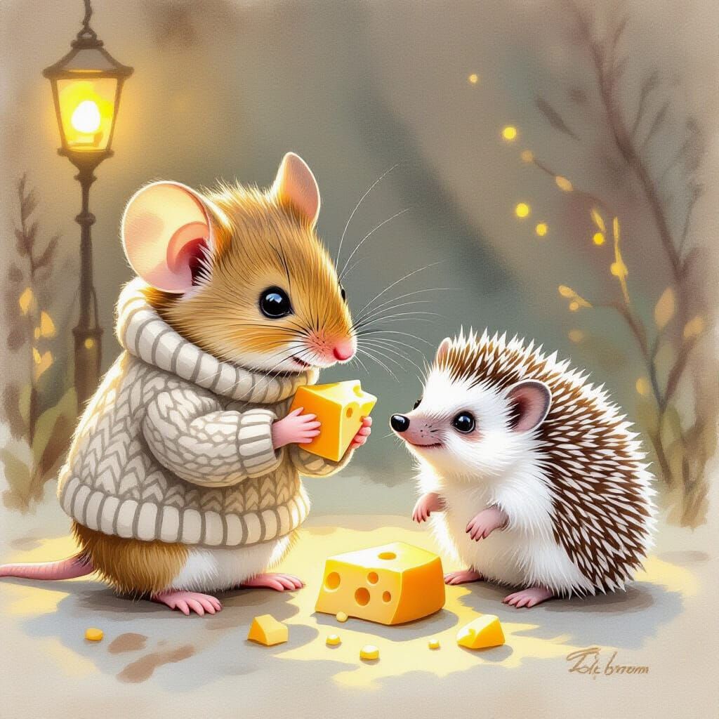 Mouse and Hedgehog Share Cheese, Watercolor Illustration