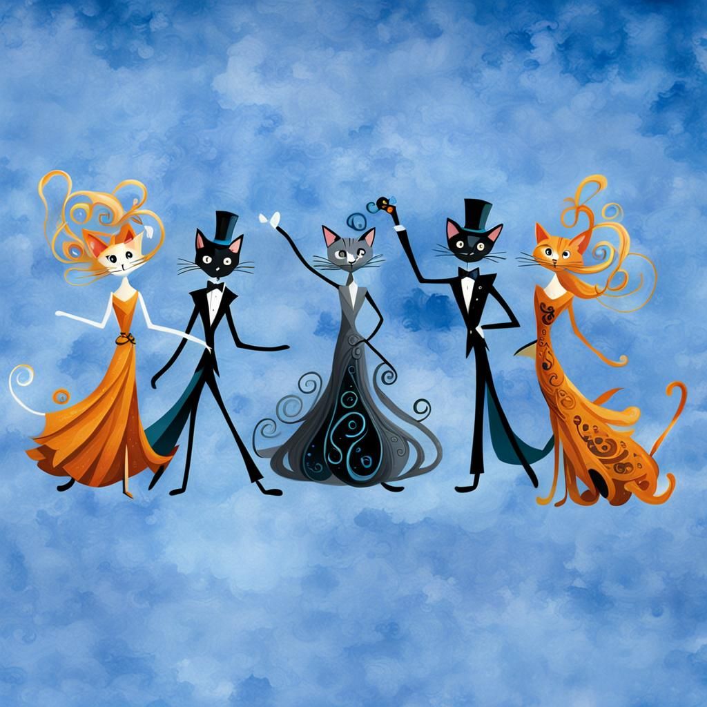 One whimsical tall thin ORANGE TABBY cat stick figure with long swirly upswept hair wearing a gown, one GRAY cat stick f...