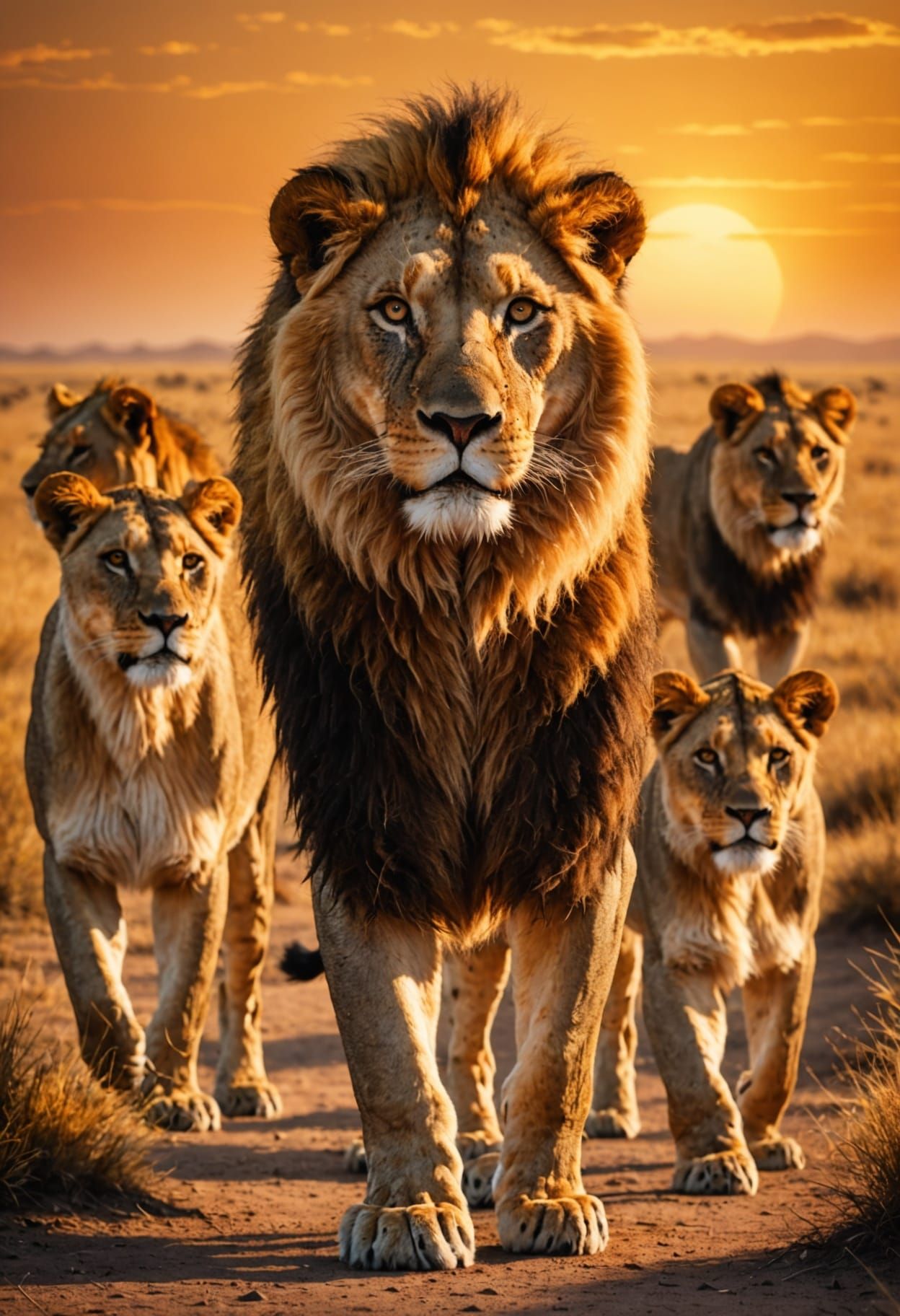 Lion Pride at Golden Savanna Sunset Digital Art