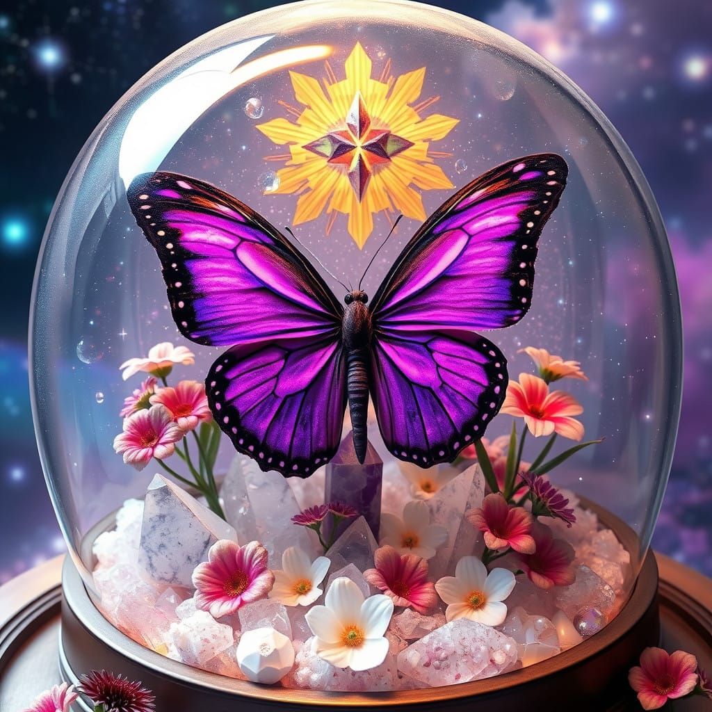 Surreal Cosmic Butterfly in a Dome of Crystals and Flowers