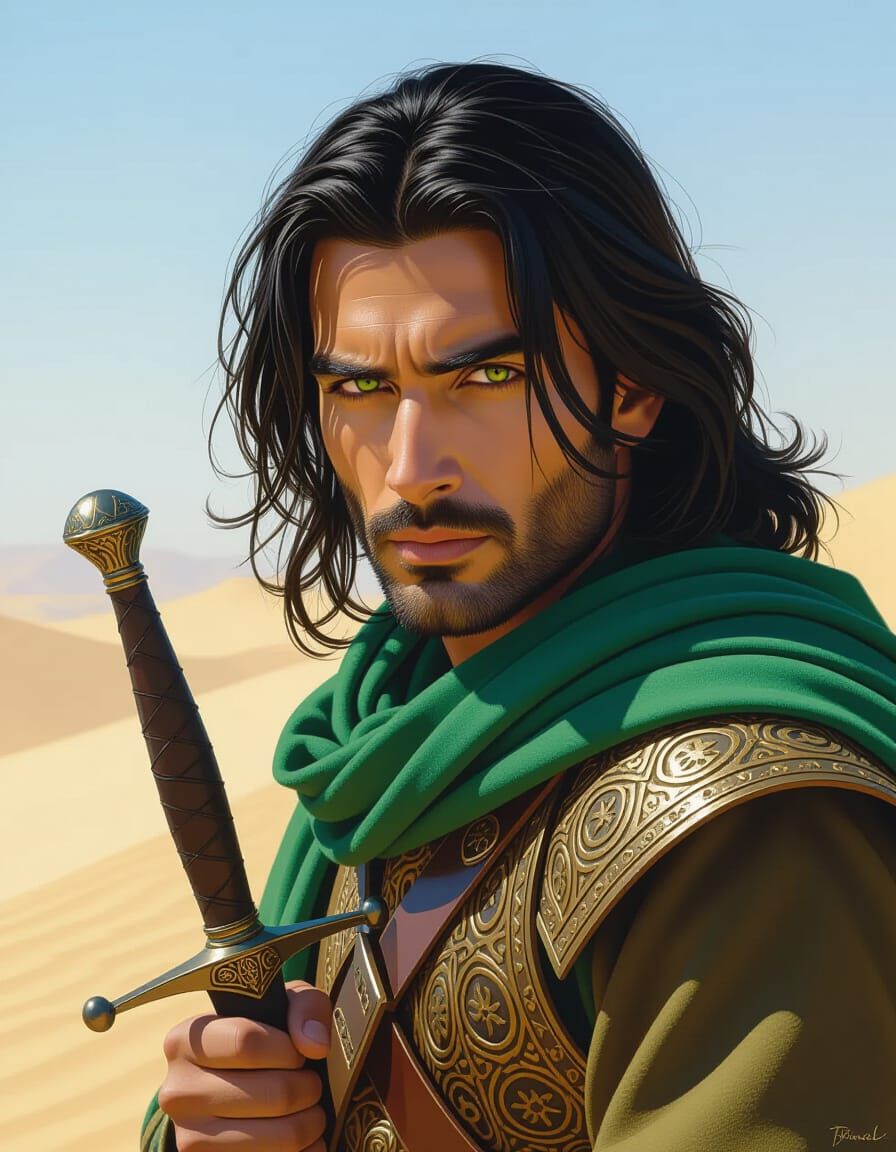 Medieval Persian Warrior with Green Eyes and Daggers