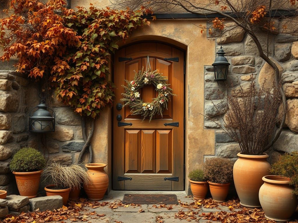Rustic Landscape with Wooden Door in Earthy Hues