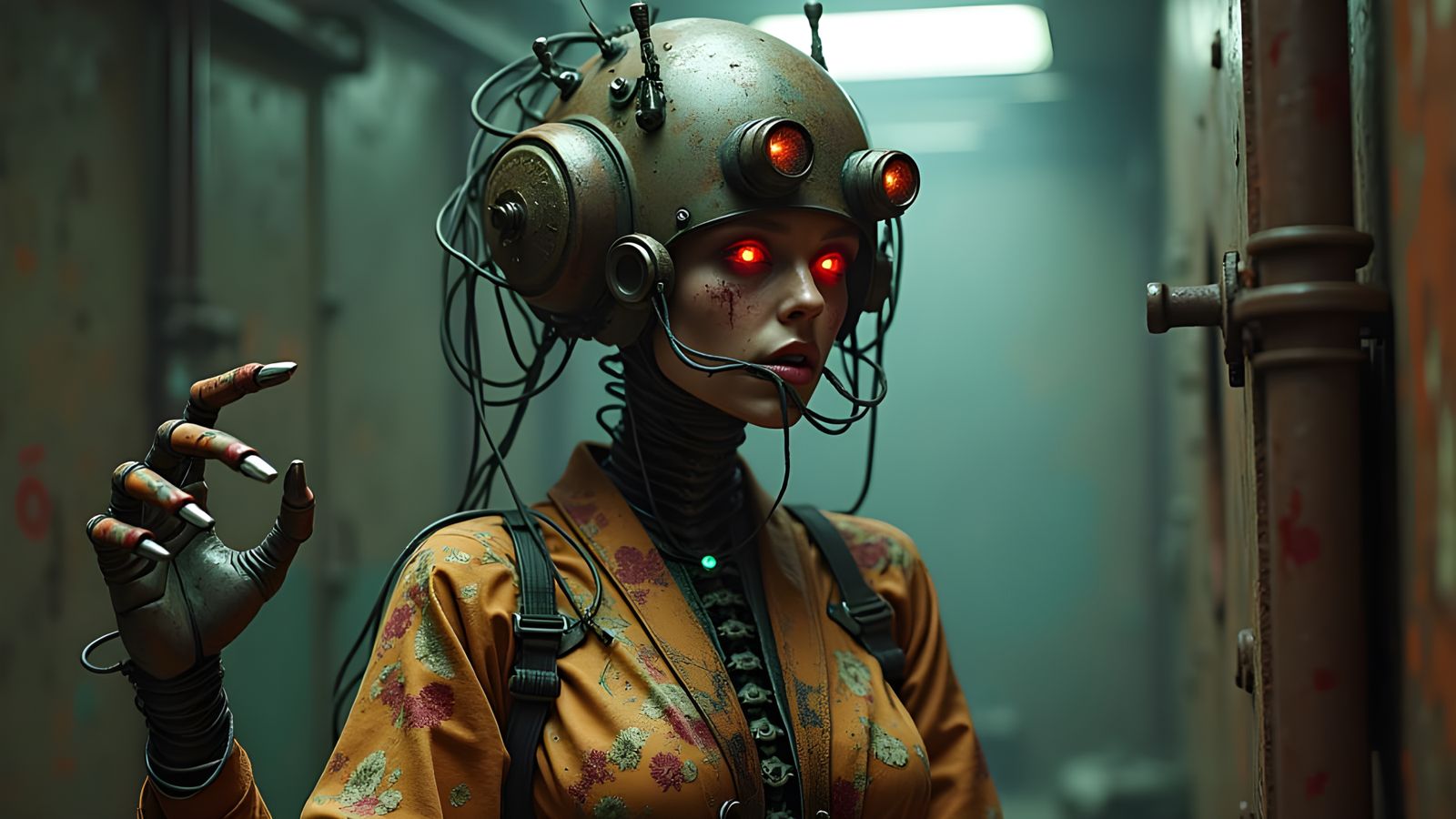 Augmented Woman in Cybernetic Helmet from Industrial Ruins