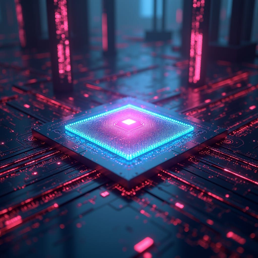 Neon Quantum Computing Landscape in Cyberpunk Style