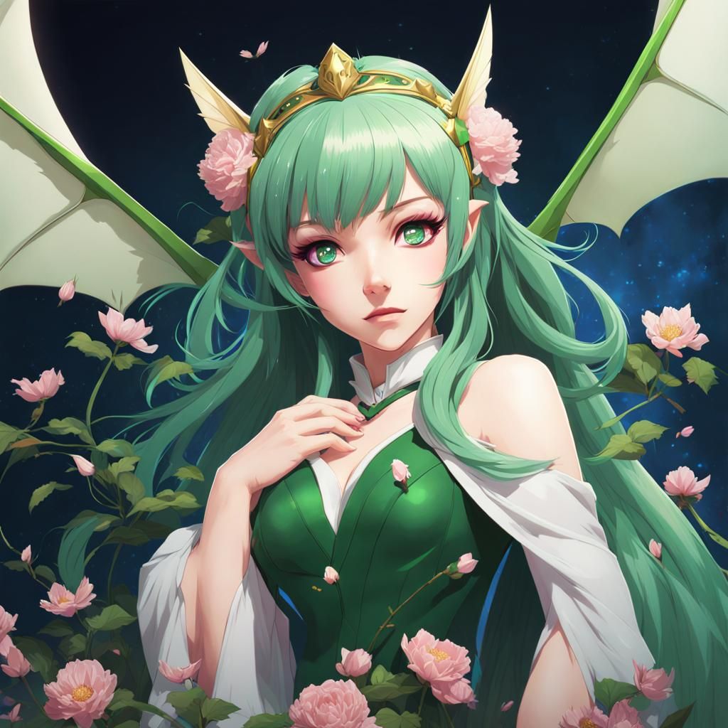 Emerald Dragon Princess in Vibrant Cyberpunk Style