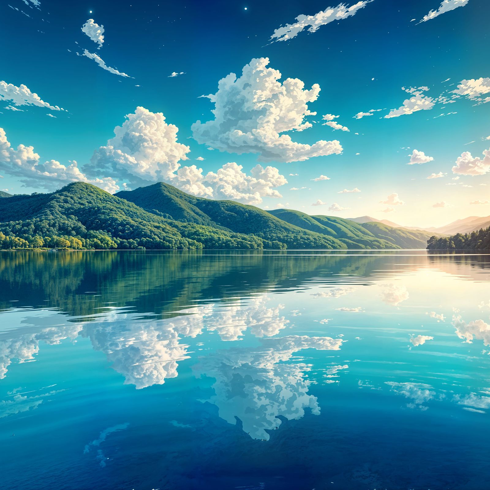 Manga-Inspired Lake Scene with Cinematic Lighting