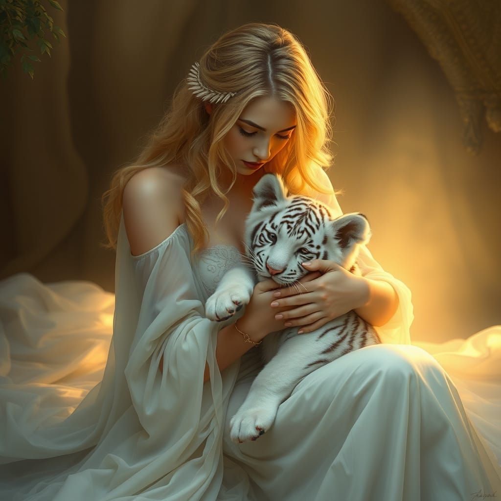 Woman and White Tiger Cub in Dreamlike Setting