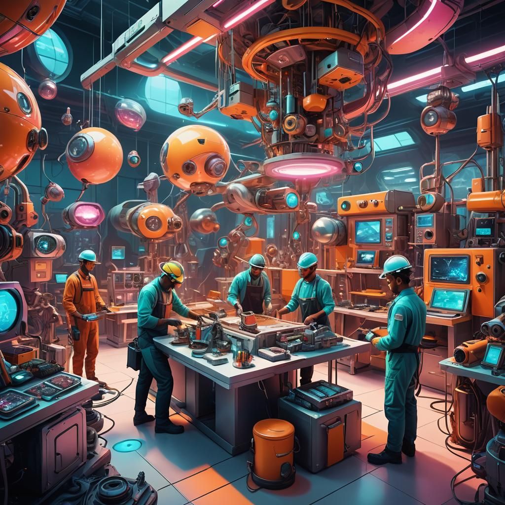 Diverse Futuristic Workers Defy Norms in Vibrant, Dreamlike...