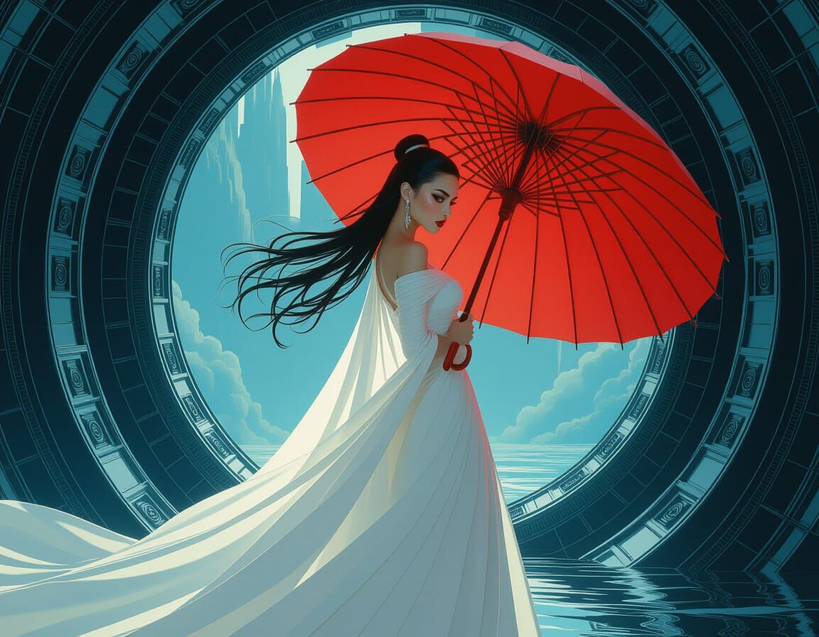 Futuristic Hyperrealism: Woman with Red Umbrella