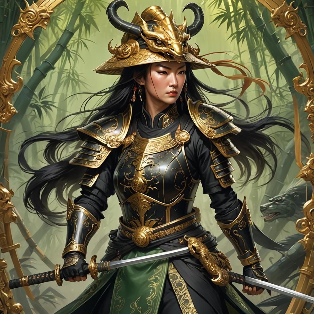Tang Dynasty Warrior Goddess in Black Armor, Golden Serpent....