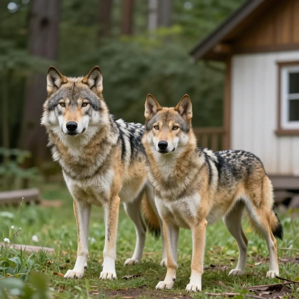 Dog and Wolf with Forest and House, Photorealistic