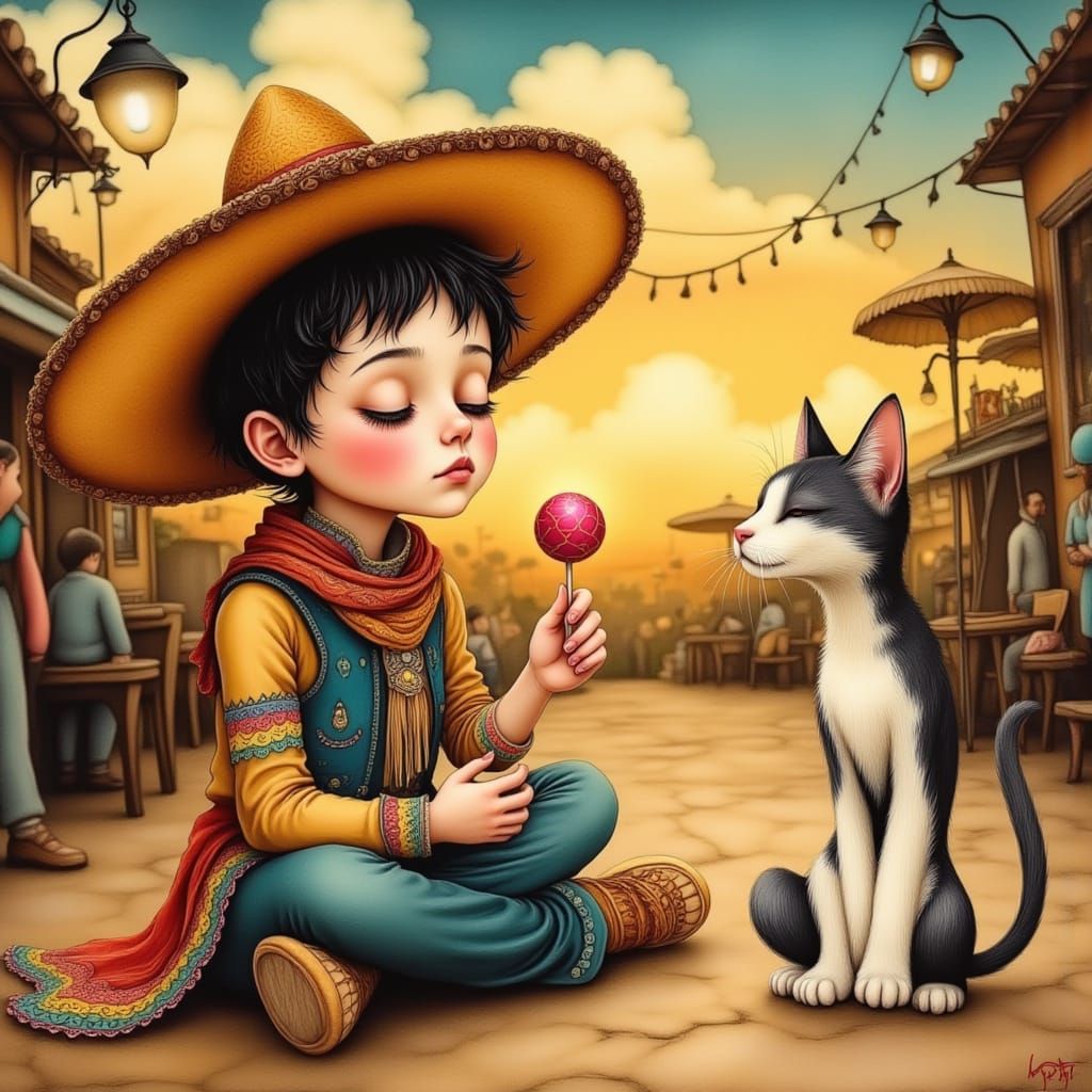 Popcorn Boy Offers Lollipop in Mercado, Folk Art Style