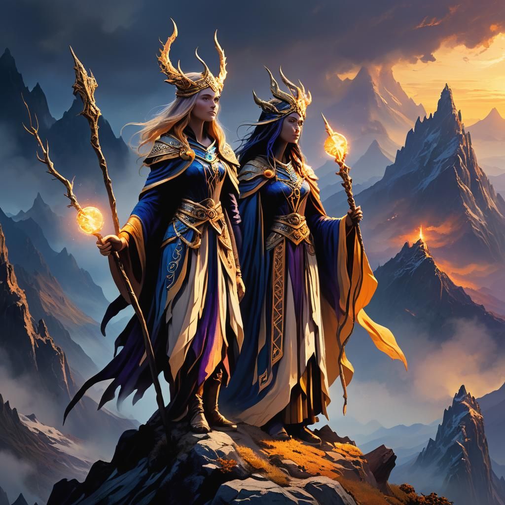 Sorceress Standing at the Summit of a Mystical Mountain with...