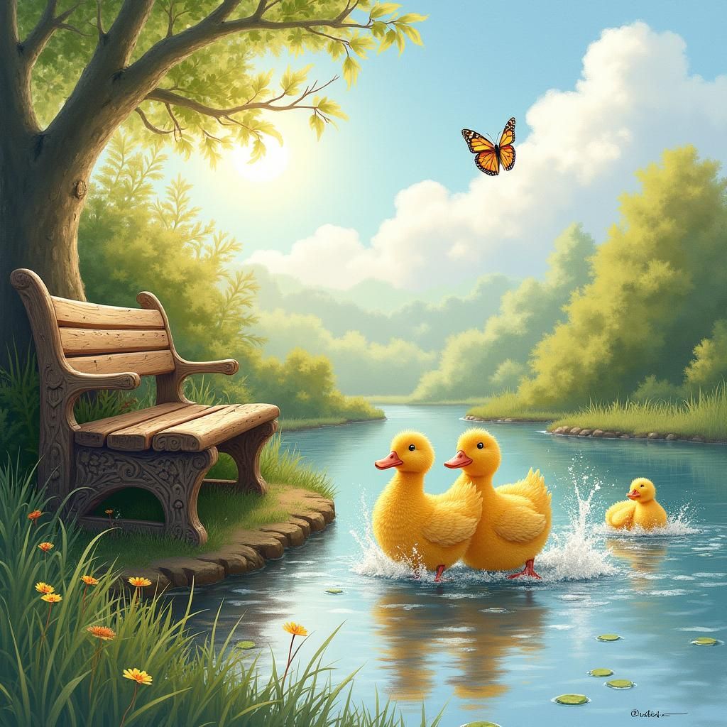Whimsical Pond Scene with Quacking Ducks and Butterfly