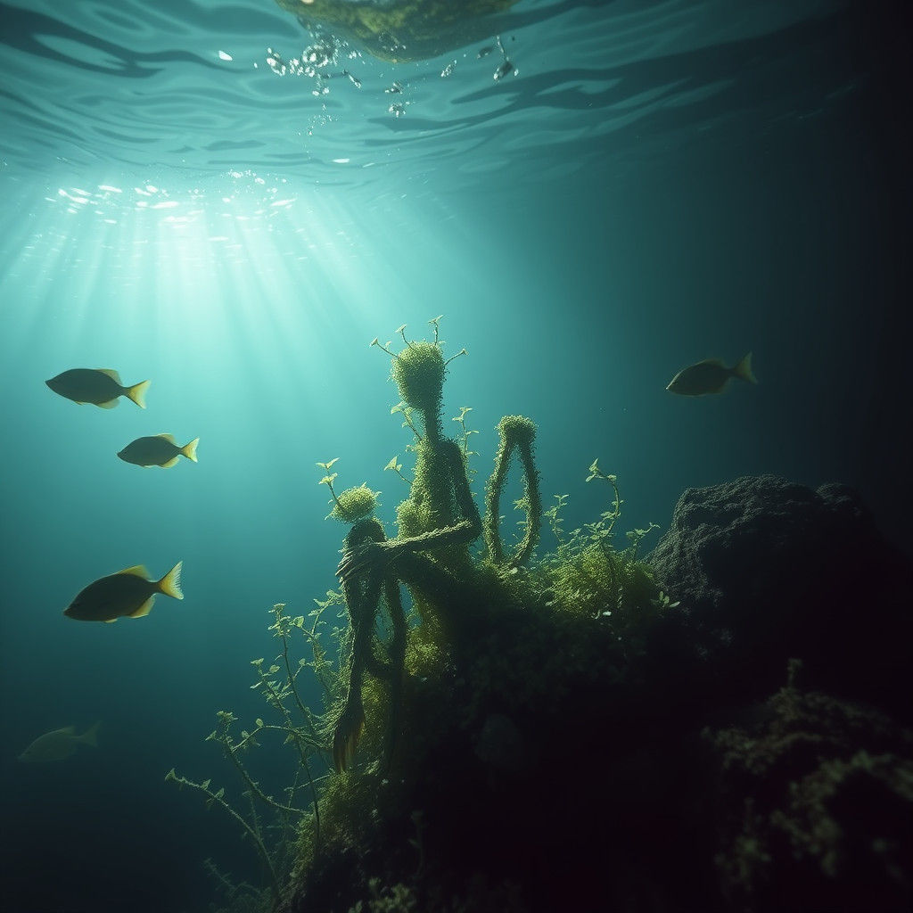 Submerged, Humanoid Plant Blooms Amidst Oceanic Florals
