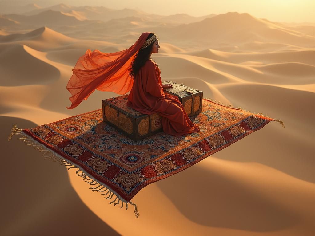 Arabian Nights Harem Girl on Opulent Flying Carpet