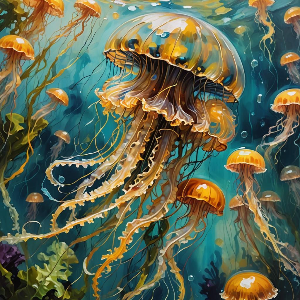 Vibrant Neo-Expressionist Jellyfish in Whimsical Underwater....