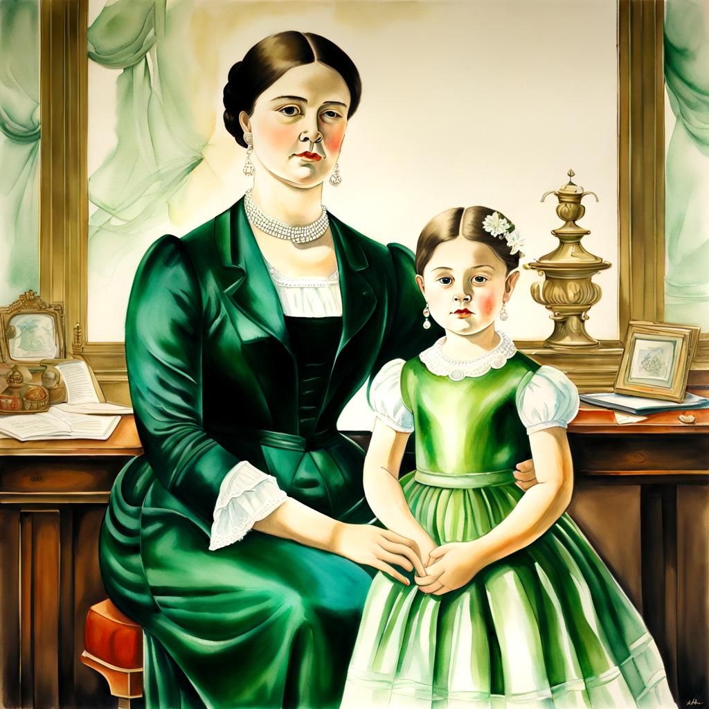 Elegant Woman with Daughter in Botero-Inspired Watercolor