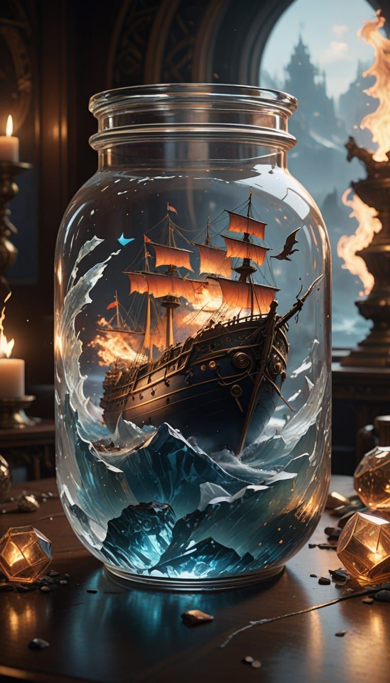 Surreal Scene of War at Sea in a Glass Jar