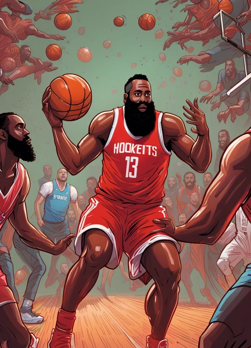 NBA Star's Intense Basketball Frenzy in Comic Book Art Style
